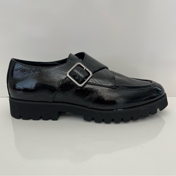 DONALD PLINER Elody Monk Strap Crinkle Patent Leather Loafer in Black NEW - Picture 1 of 13